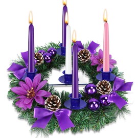 HO2NLE 14 Inch Advent Wreath 5 Candle Holder Christmas Purple Wreaths with Pine Cones Poinsettias Christmas Countdown Decor for Advent Church Xmas Candles Centerpiece Table