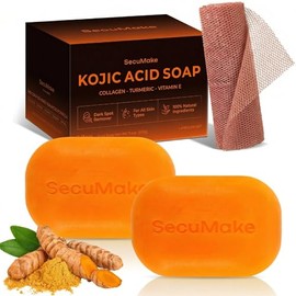 Kojic Acid Soap, Brightening & Hydrating Turmeric Soap Bar for Dark Spots with Vitamin C and Shea Butter, Paraben & Sulfate-Free - 105g x 2 Bars with African Net Sponge