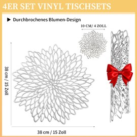 wiipara Set of 4 Place Mats, Washable, Modern PVC Placemats, Round, Christmas Decorative Table Mat, Dining Table Place Plate, Place Mat, Round for Home, Wedding (Silver, with Coaster)