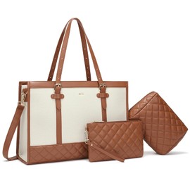 Keyli 3pcs Laptop Bag for Women,15.6 Inch Canvas+Leather Laptop Tote Bag Work Bags Large Capacity Business Computer Briefcase Casual College Shoulder Handbag Crossbody Purse for Travel Teacher Khaki