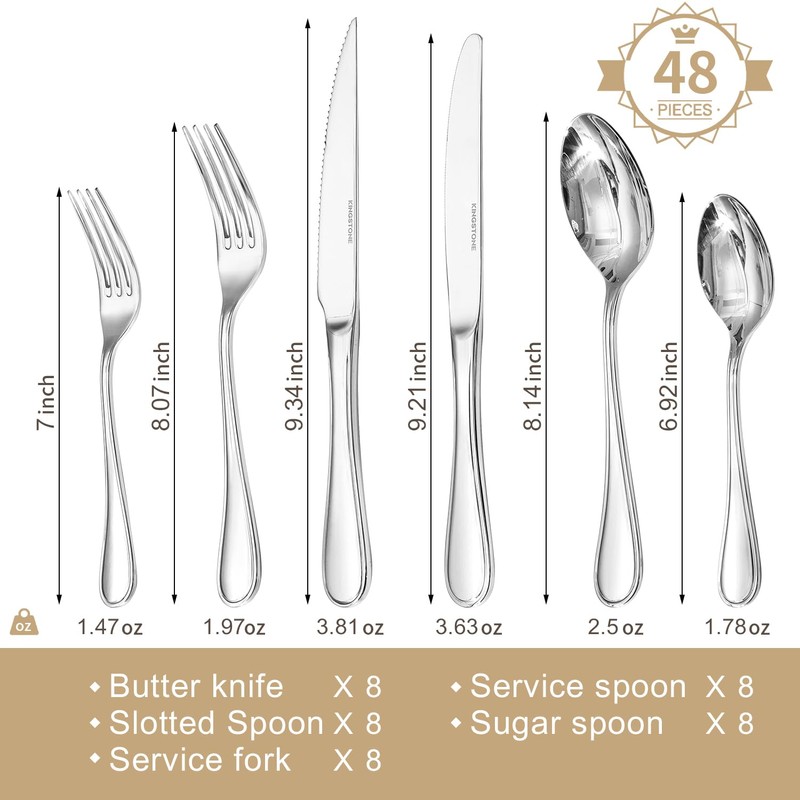 KINGSTONE 48 Piece Teardrop Silverware Set with Steak Knives, 18/10