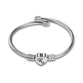 MiiFort Women's Initial Name Silver Cuff Bangle Letter K Bracelet Love Heart Style Stainless Steel Family Sister Daughter Granddaughter Birthday