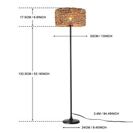 SUNLLOK Bamboo Floor Lamp for Living Room, Industrial Rattan Lampshade Tall Standing Lamp with Foot Switch, Modern Black Boho Woven Floor Light Decor for Kitchen Island, Bedroom, Office, Restaurant