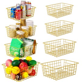 Leinuosen 8 Pcs Gold Wire Basket Set Metal Gold Storage Baskets for Pantry Wire Storage Bins with Handles Assorted Sizes Organizing Basket for Kitchen Living Room Bathroom Laundry Table Countertop