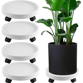 JOIKIT 4 Pack 13 Inch Round Plant Caddy with 4 Lockable Wheels, 132 Lbs Capacity Heavy Duty Rolling Plant Stand, Wheeled Planter Saucer Tray Trolley for 11.8 Inch Planter Pot Indoor Outdoor, White