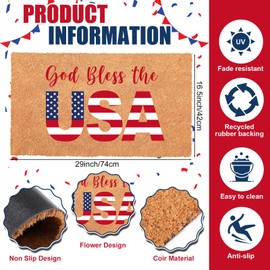 Blosssound Patriotic Natural Coir Door Mat 4th of July God Bless The USA Welcome Mat Non Slip Independence Day Doormat for Memorial Day Front Porch Indoor Outdoor Entryway Decoration, 16.5 x 29 Inch