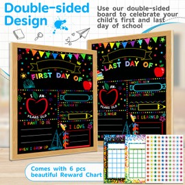 First Day of School Sign Board Double Sided 14”x11” Solid Wooden Framed with 6PCS Reward Chart Set Reusable Back to School Board Sign Chalkboard for Kindergarten Sign Preschool