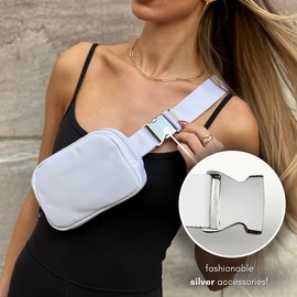 Boutique Belt Crossbody Bag Fanny Pack for Women Fashionable | Cute Mini Everywhere Bum Hip Waist Pack | Fashion Travel Chest Bag | Silver Accessories | Adjustable Small Strap | White