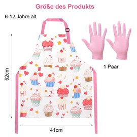 HENGBIRD Children's Apron Children's Cooking Apron Aprons Girls with Pockets for 6-12 Children with 1 Pair Pink Gloves Suitable for Kitchen Cooking Baking Painting Party and Crafts, pink