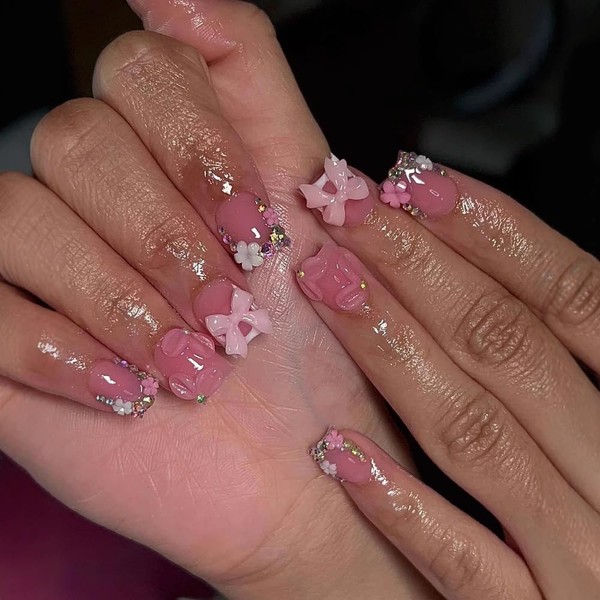 White French Tip Press On Nails Short Square 3D Flower