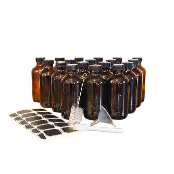 Nevlers 18 Pack 8 oz Amber Glass Bottles with Caps | The Brown Leak Proof Glass Bottles Includes Caps, Funnel, Brush, White Marker and Labels to Easily Identify the Contents