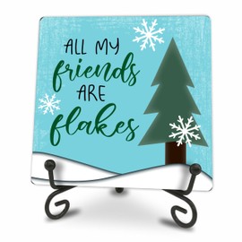 5x5" Snowflake Wood Plaque With Iron Frame, All My Friends Are Flakes, Winter Gift For Women, Men, Friends, Tray Decor, Home & Office Christmas Party Decoration & Favor - E07