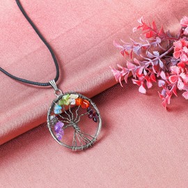 PYOR Seven Chakra Tree, Tree of Life Necklace, Crystals and Healing Stones, Money Tree, Healing Crystals, Feng Shui Tree, 7 Chakras Gemstone Pendant Mother's/Father's Day, Spirtual Things