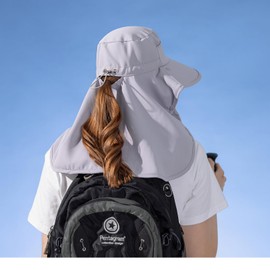 HUAMULAN Women Wide Brim Sun Hat Ponytail UV Protection Visor Fishing Hats Face Mask Detachable Neck Flap Garden Hiking Gray