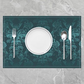 Erosebridal Set of 4 Jacquard Damask Place Mats Turquoise Ombre Floral Table Mats Gothic Baroque Damask Placemats Motifs Vintage Design Waterproof Placemats for Adults Men,12x18 Inch Heat Resisting