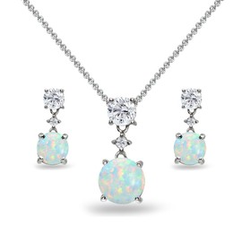 B. BRILLIANT Sterling Silver Synthetic White Opal & Topaz Round 3-Stone Dangling Necklace & Stud Earrings Set