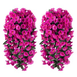 Artificial Fake Hanging Flowers Plants for Outdoor Outside Decoration, 2PCS Faux Silk UV Resistant Look Real Fuchsia Morning Glory Trailing Vines for Home Planter Porch Patio