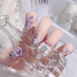 NEWSPIED Press on Nails Long Coffin Purple Flower Rhinestone Design Full Cover Glossy Fake Nails Y2k Cute Charm Artificial Glue on Nails Reusable False Nails Acrylic Stick on Nails for Women 24Pcs