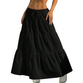 Narecte Maxi Skirts for Women Solid Color Long Skirts for Women Summer High Waist Ruffled Hem Flowy Skirt Black S