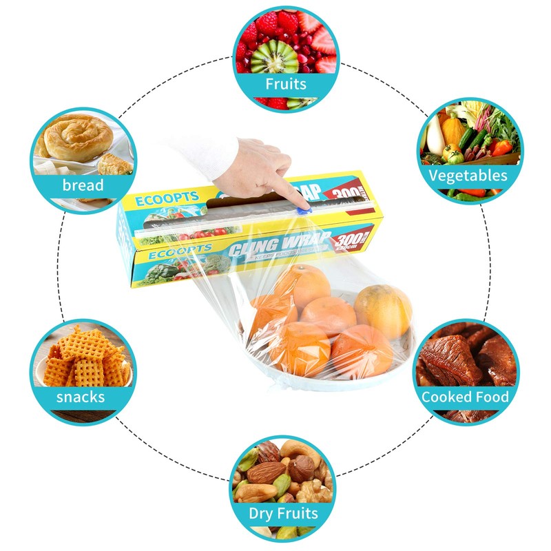 ECOOPTS Cling Wrap Plastic Food Wrap with Slide Cutter and