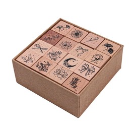 VOANZO 16 Pieces Wooden Stamp Set, Decorative Wooden Stamp Combining Plants and Stars Stamp Set for DIY Crafts Card Making Calendar