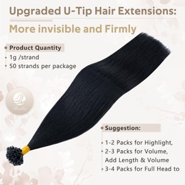 Benehair Nail Tip Hair Extensions 100% Real Human U Tip Hair Extensions 20Inches 50 Strands 1g/Strand Jet Black #1