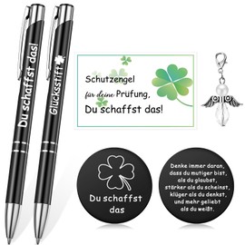 Tenare Courage Gift Set Motivation Ballpoint Pen Guardian Angel Pendant Clover Lucky Charm Du Schaffst Das Aufmauferung for Exam Friend Colleague Farewell (Black, Lucky Pen)