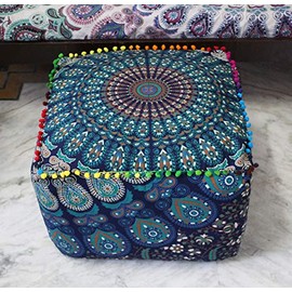 CRAFT KALA Indian Square Patchwork Traditional Pouf Cover Indian Living Room Pom Poufs Cover Decorative Designer Ottoman Home Living Footstool Chair Cover Ottoman Decor 20X20X14 inches, Blue Mirchi