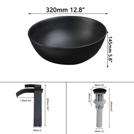 KECTIAKL Matte Black Bathroom Vessel Sink with Waterfall Faucet and Pop-Up Drain Combo,13 Inch Stone Resin Vessel Sink Above Counter Round Bathroom Sink Bowl with Mixer Tap