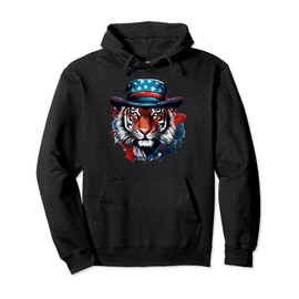 Tiger Wearing American Flag Hat Patriotic Tiger Boys Men Pullover Hoodie
