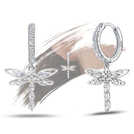 Dragonfly Earrings for Teens Women - Sterling Silver Dangle Hoop Earrings Hypoallergenic Cubic Zirconia Cute Animal Hoop Charms Earring Dainty Sparkle Jewelry Gifts for Daughter Granddaughter