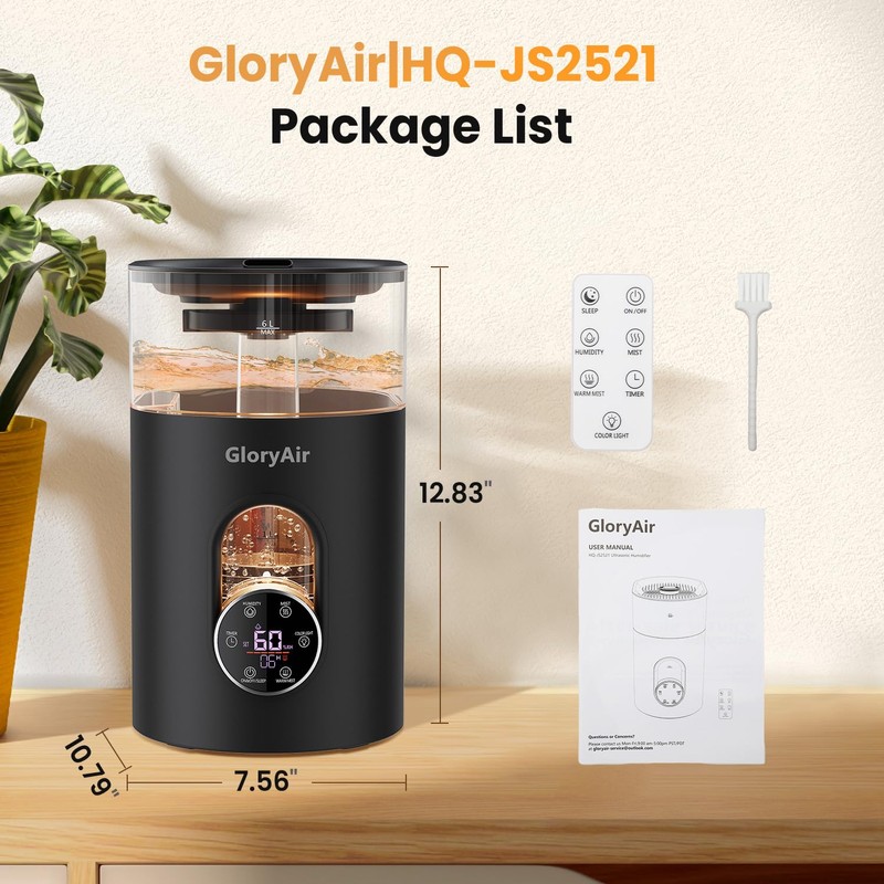 Humidifiers for Bedroom Large Room -GloryAir 6L Cool & Warm
