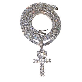 Mens 14k White Gold Finish 4mm Tennis Link Chain Choker Iced Out Ankh Cross Pendant Rappers Necklace Iced Prong Set Tennis Chain for Men, tennis ladies Chain Choker Jesus Necklace 16"-24" (20)