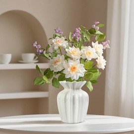 White Ceramic Vase,14cm Small Ribbed Flower Vase,Wide Round Mouth for Flowers and Pampas Grass,Modern Nordic Home Decor, Farmhouse Wedding Table Centerpieces Office