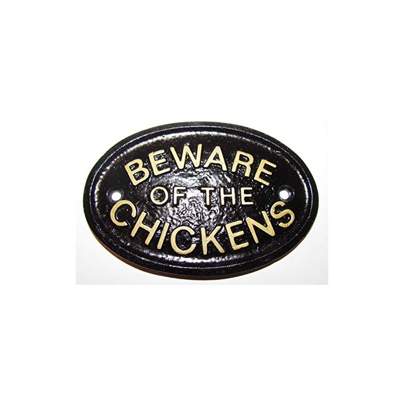 "BEWARE OF THE CHICKENS" GATE/COOP PLAQUE IN BLACK WITH GOLD