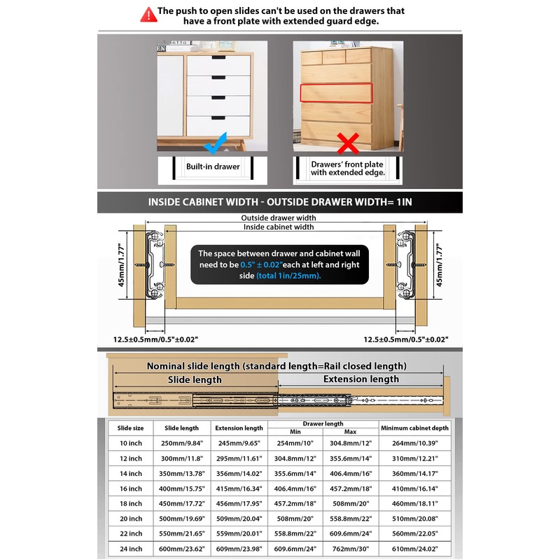 YENUO Push to Open Drawer Slides Full Extension Rail 12