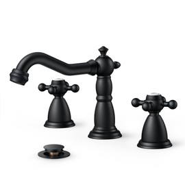 FORIOUS Bathroom Faucet 3 Hole, Matte Black Antique Bathroom Sink Faucet Two Handle, 8 inch Widespread Brass Bathroom Faucet with Metal Pop-up Drain & Supply Lines, Vintage Farmhouse Vanity Faucet Tap