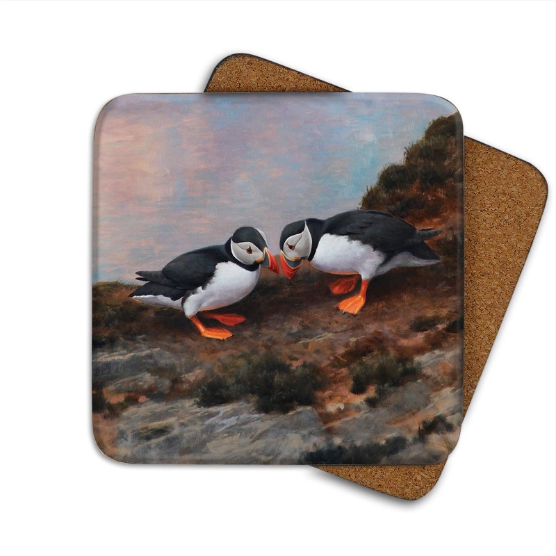 Puffins Beak Bashing Drinks Coasters by Wildlife Artist Julian Friers