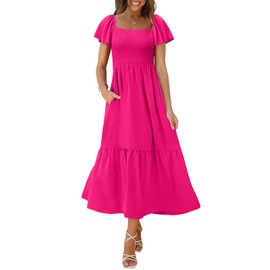 OFEEFAN Smocked Maxi Dress Casual Flowy Dresses Square Neck Valentines Dress Hot Pink S