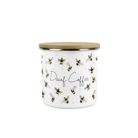 Purely Home Scattered Bees Decaf Coffee Canister - White Metal Enamel Kitchen Medium Sized Food Storage Container