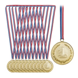 Relaxdays Children's Gold Medal, Set of 12, Diameter 7 cm, Plastic, with Ribbon, Medal Set Children's Birthday, Award, Gold