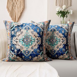 SZXYCZL 2Packs Boho Pillows Covers 18×18 inch, Linen Bohemia Carpet Pattern Decorative Couch Throw Cushion Covers for Living Room Bed Outdoor Pillow Case-Dark Blue