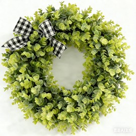 20 Inch Boxwood Wreath for Front Door with Welcome Sign & Sash, Farmhouse Outdoor Wreath, Artificial Spring Summer Greenery Wreath for Indoor Wall Hanging Window Wedding Home Decor
