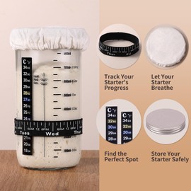 VONAHAST Sourdough Starter Jar Kit - 2 Sets 32oz Glass Jar with Stainless Steel Lid & Cloth Cover, Wide Mouth Container, Feeding Band, Labels & Marker for Bread Baking Essentials
