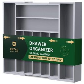 ROYAL CRAFT WOOD Luxury Bamboo Kitchen Drawer Organizer - Silverware Organizer - Utensil Holder and Cutlery Tray with Grooved Drawer Dividers for Flatware and Kitchen Utensils (9 Slot, Gray)