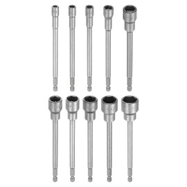 sourcing map 10pcs Nut Driver Drill Bit 6-19mm Metric Impact Socket 1/4" Hex Shank 6" (150mm) Extra Long Magnetic 6-Point Sockets Quick-Change CR-V Steel Bolt Setter for Power Drill Drivers