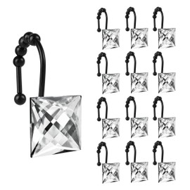 Sunlit Luxury Design Square Clear Diamond Crystal Gem Bling with Glide Balls Shower Curtain Hooks, Rust Proof Metal Rhinestones Glam Shower Curtain Rings with Black Hooks, Set of 12