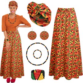Kuscul 6 Pcs African Skirts for Women African Printed Maxi Skirt Dashiki Skirt with African Head Wrap Dangle Earring Necklace Rasta Beaded Bracelet (XL)