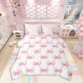 Manfei 7 Pcs Pink Bowknot Comforter Set,Dreamy Princess Style Bedding Set,Watercolor Bow Geometric Grids Patchwork(Comforter+Fitted+Flat Sheet+2 Pillowcases+2 Throw Pillow Covers),Twin Size