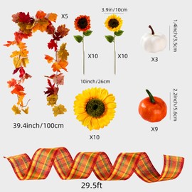 39 Pcs Fall Maple Leaf Sunflower Tree Decoration Set Leaf Garlands 2.5 Inch × 9.8 Yd Orange Harvest Ribbon Sunflower Pumpkin Thanksgiving Hanging Decor for Fall Autumn Thanksgiving Tree ﻿